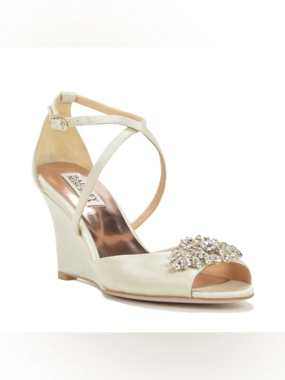 Badgley Mischka Ivory Satin Wedge Sandal with Crystal Embellishment